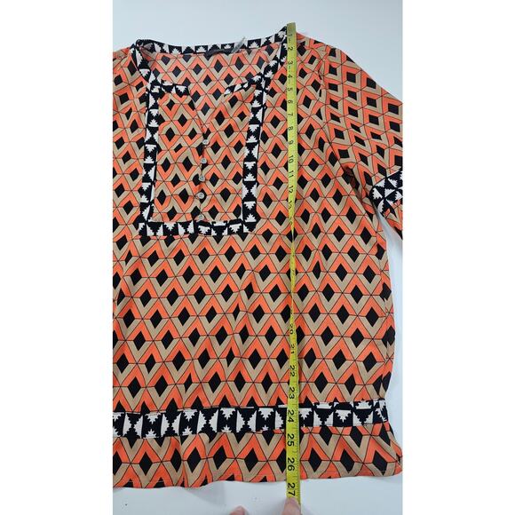Thml Anthro orange geometric peasant boho blouse split neck cottagecore M EUC ^^ - Picture 6 of 7